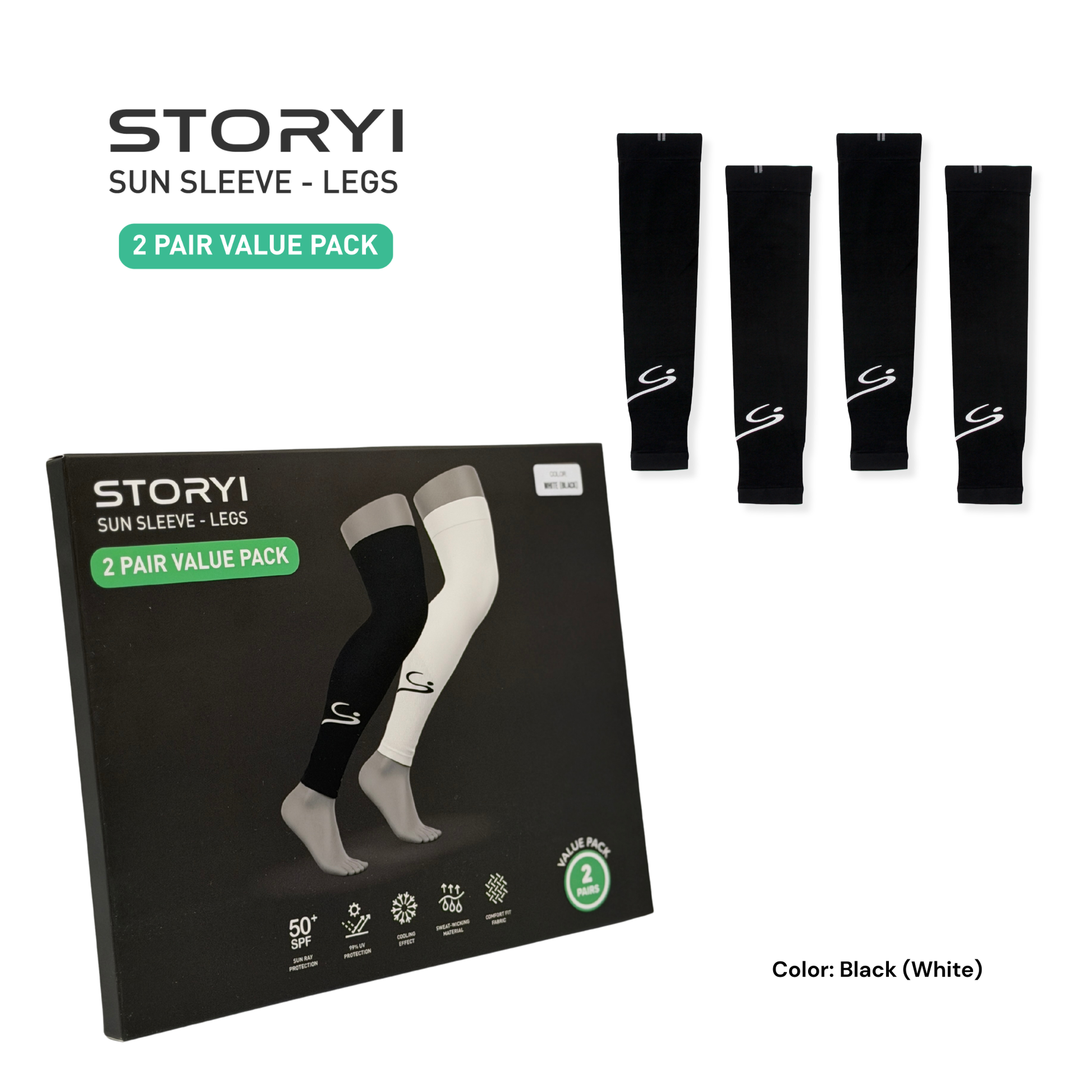 Sun Protection Leg Sleeves - 2 Pair Value Pack - Black