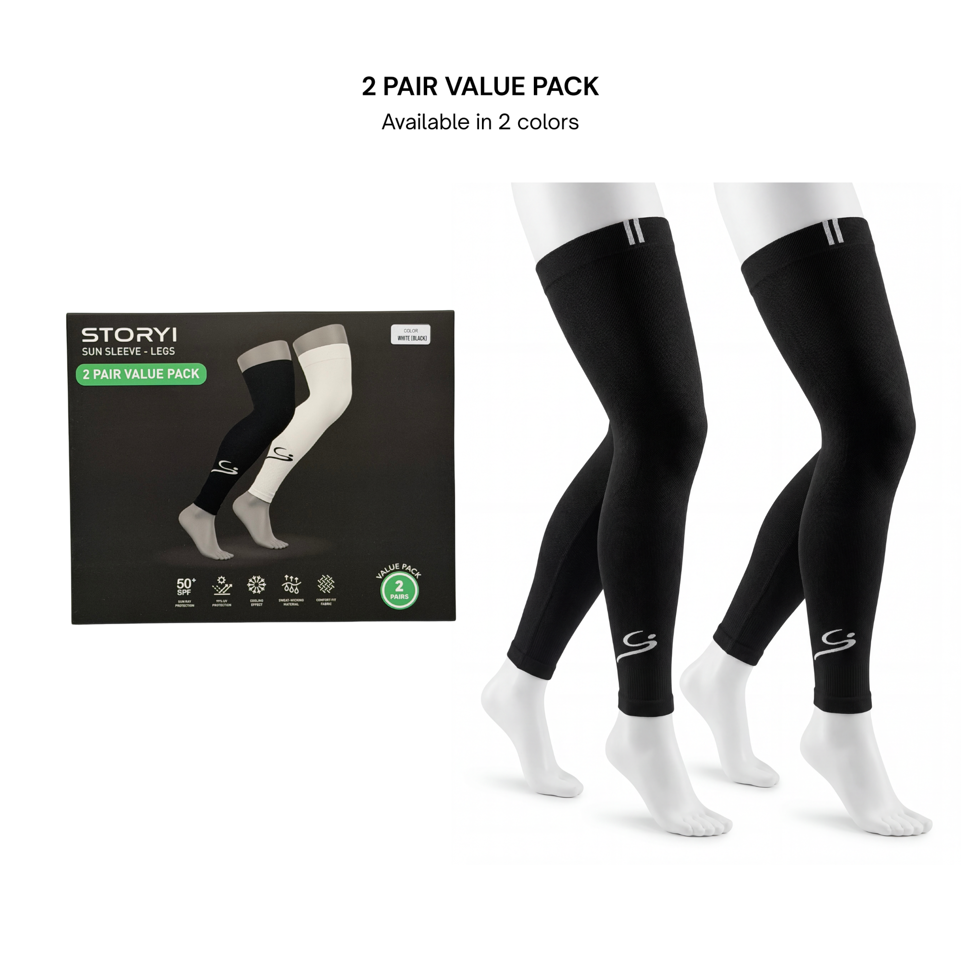 Sun Protection Leg Sleeves - 2 Pair Value Pack - Black